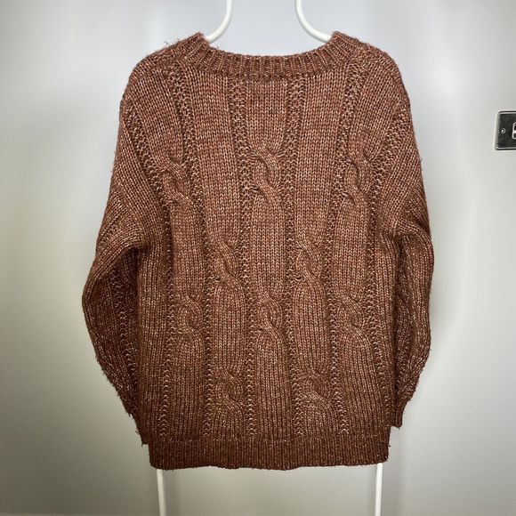 Celtic & Co Cable Knit Crewneck Jumper Chunky Aran 100% Merino Wool Brown Medium - Picture 7 of 12